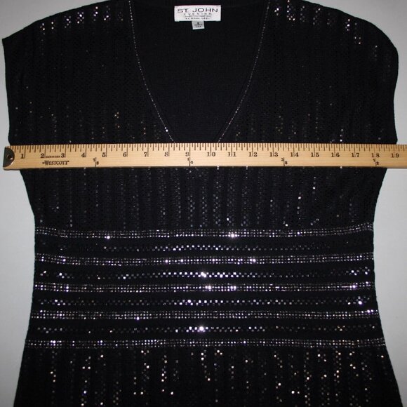 St John Evening Sz 8 Black Silver Stud Paillettes V Neck Santana Knit Top - Picture 9 of 10